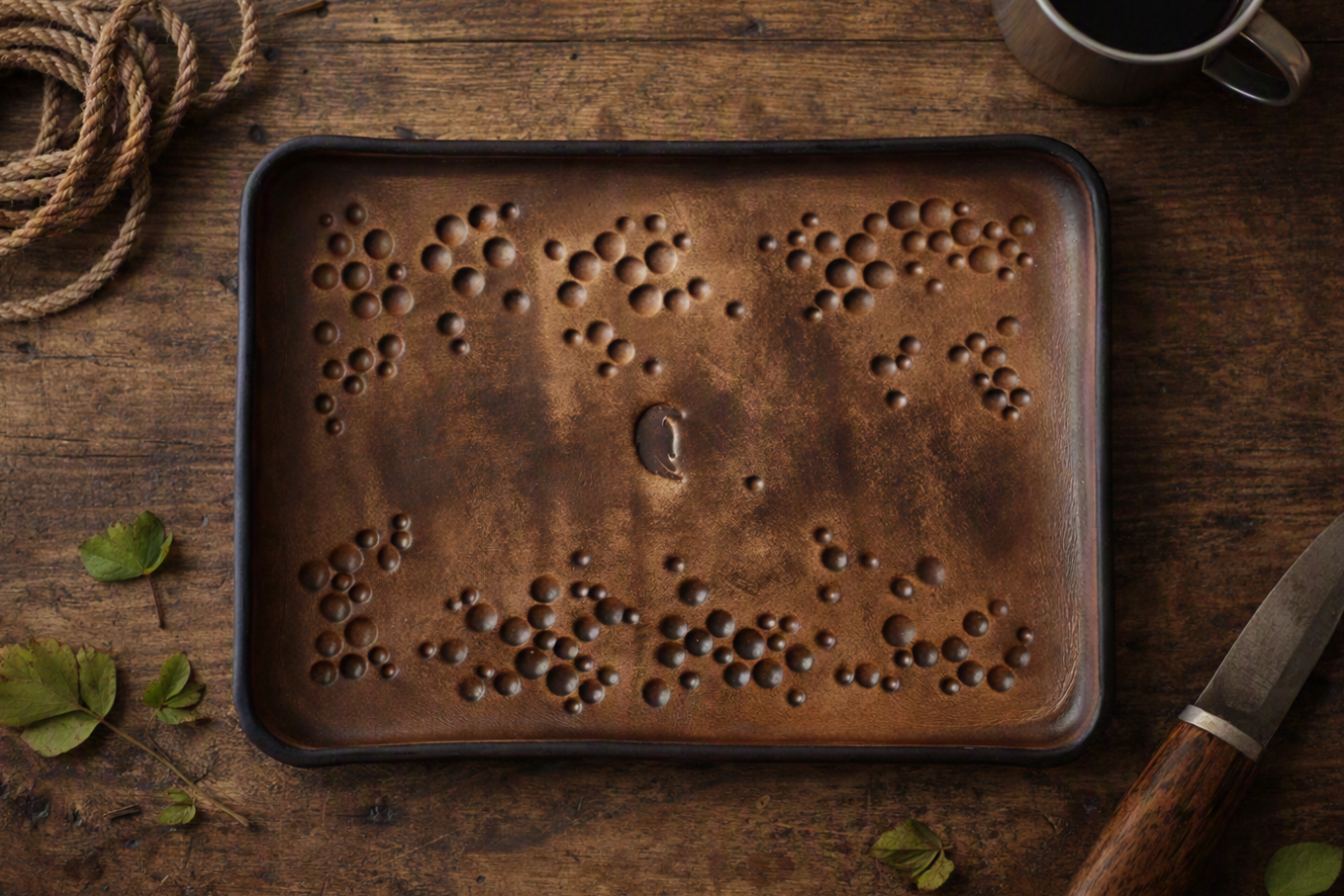 A rustic rectangular metal tray with a hammered texture and small circular cutouts, shown on a dark wooden tabletop with a coffee cup, rope, leaves, and a knife nearby.