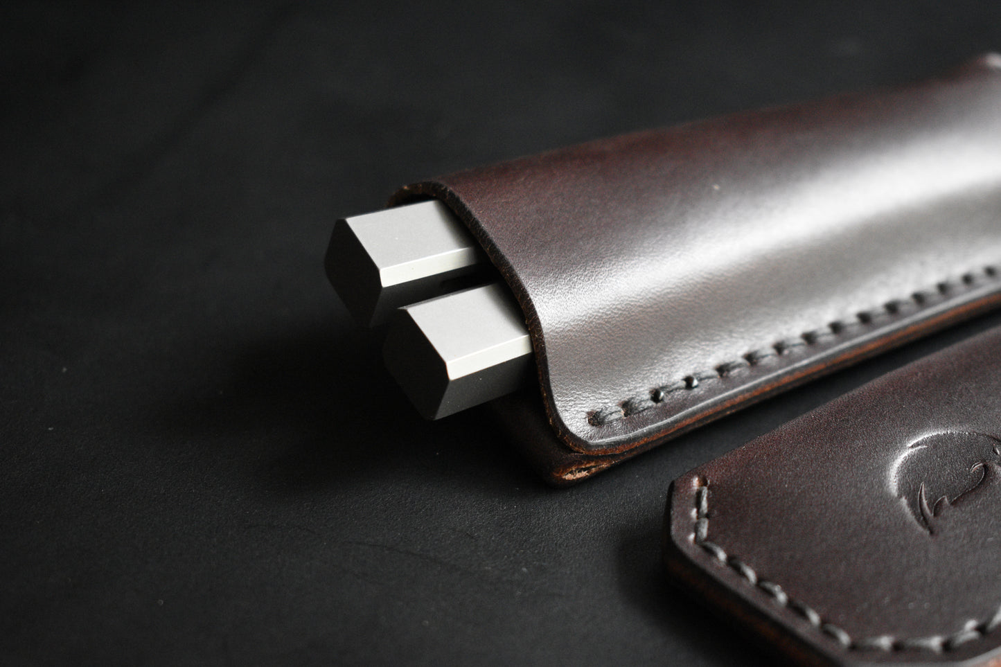 NEW! Deep Carry Pocket Sheath for Balisong Knives | Matte Black PVD Titanium Clip, Dark Chocolate Leather