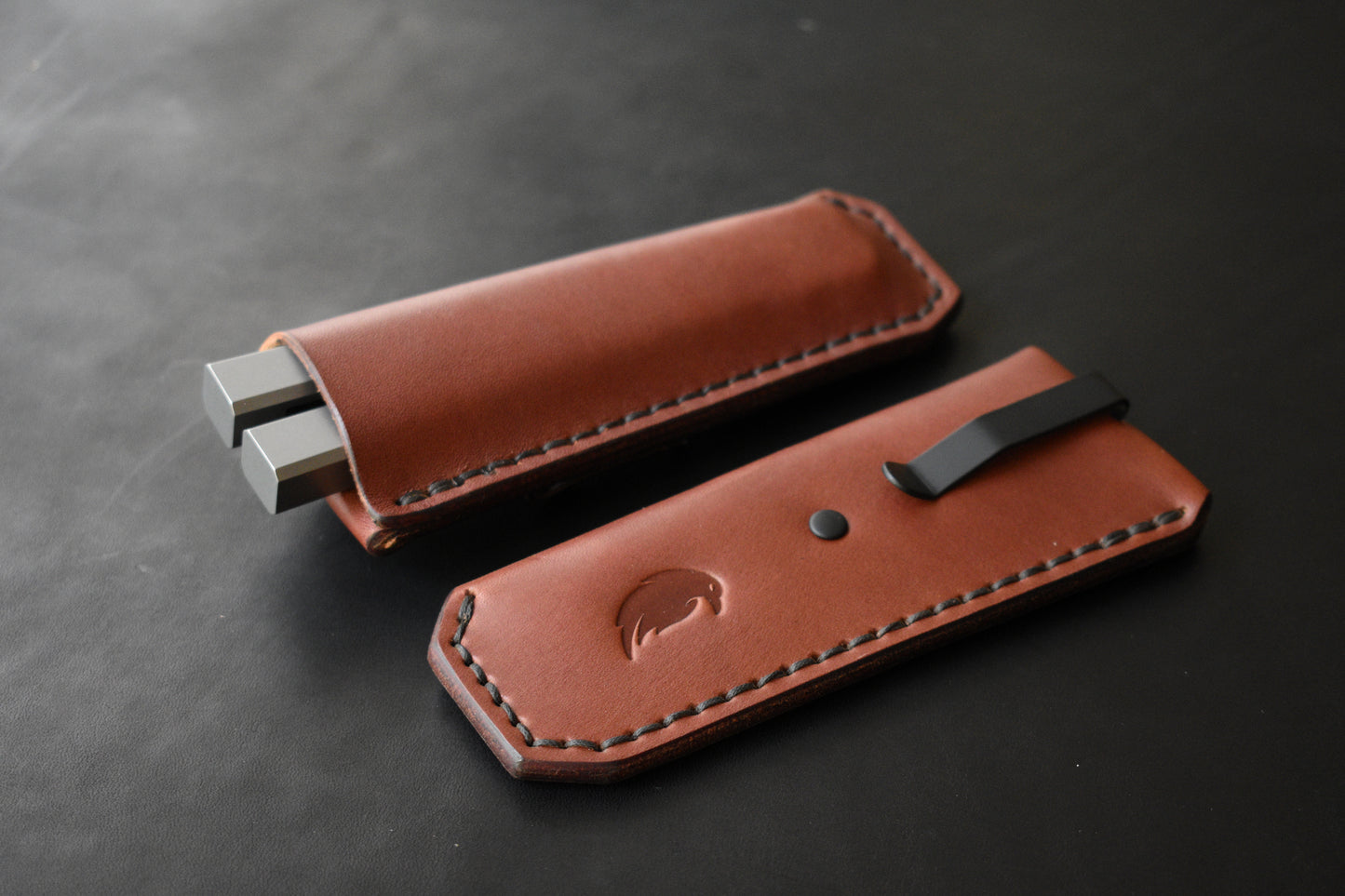 NEW! Deep Carry Pocket Sheath for Balisong Knives | Matte Black PVD Titanium Clip, Brown Leather