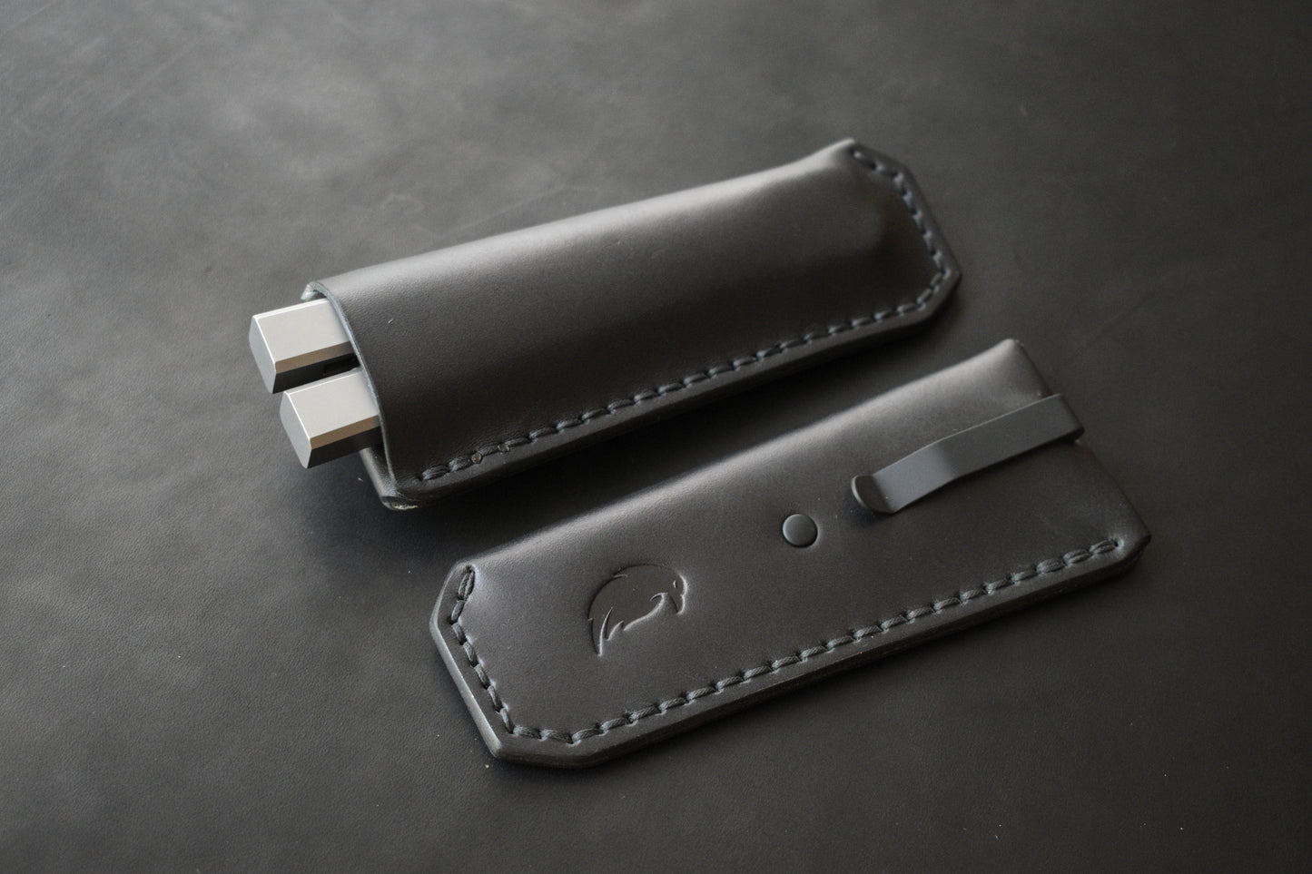 NEW! Deep Carry Pocket Sheath for Balisong Knives | Matte Black PVD Titanium Clip, Black Leather
