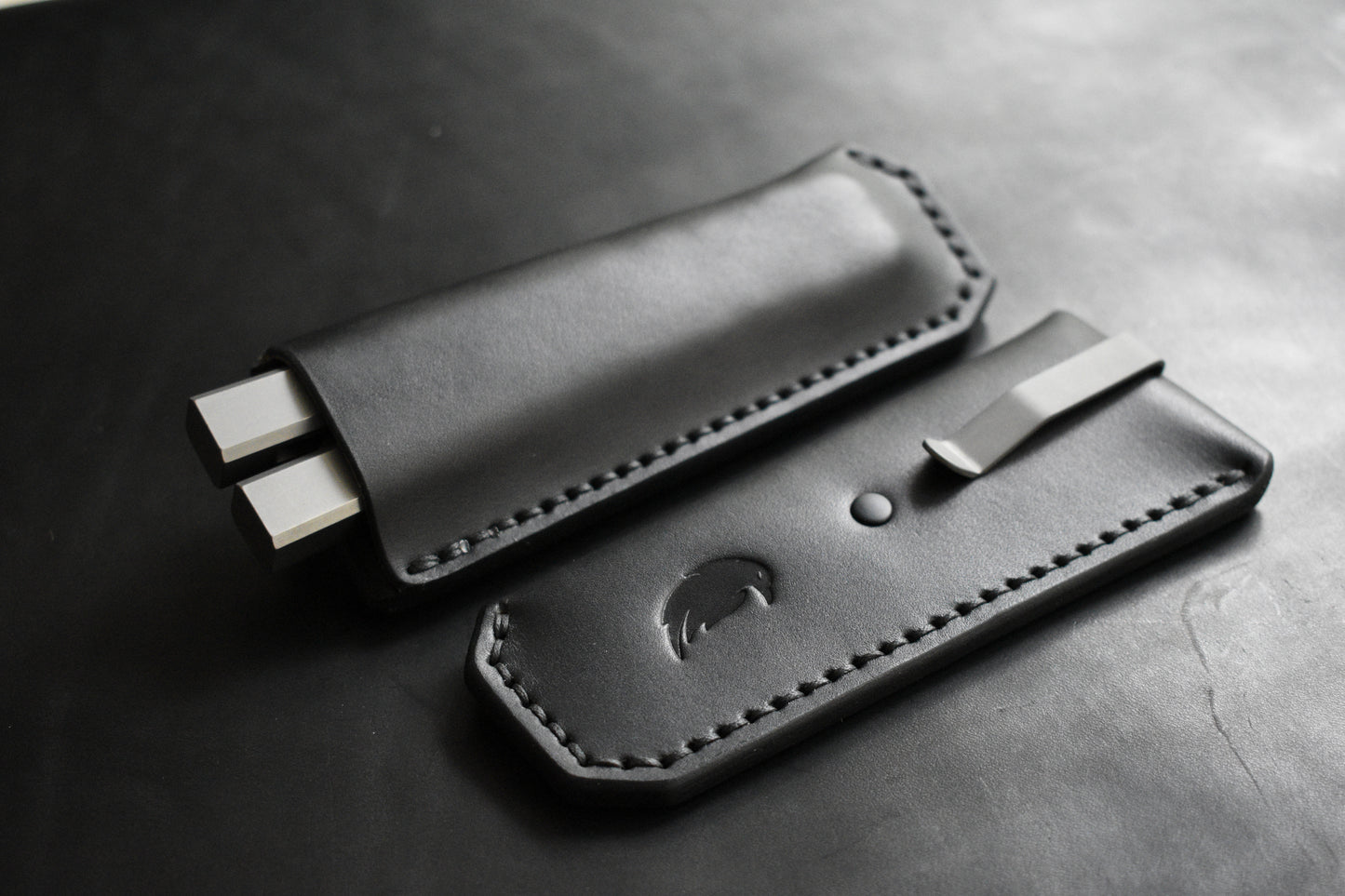 Deep Carry Pocket Sheath for Balisong Knives | Titanium Clip, Black Leather