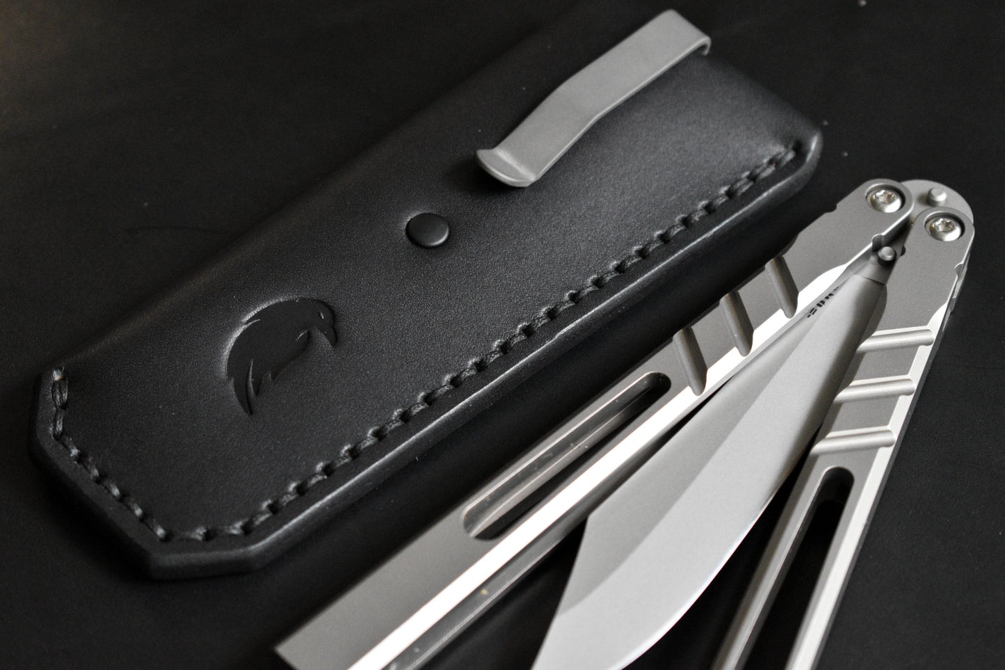 Deep Carry Pocket Sheath for Balisong Knives | Titanium Clip, Black Leather