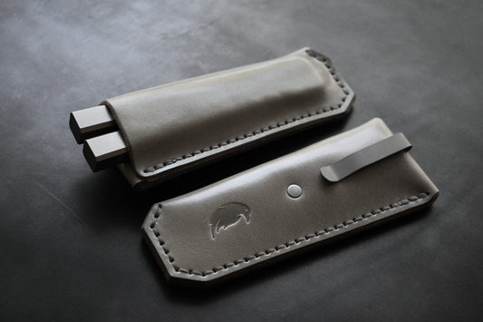 Deep Carry Pocket Sheath for Balisong Knives | Titanium Clip, Gray Leather