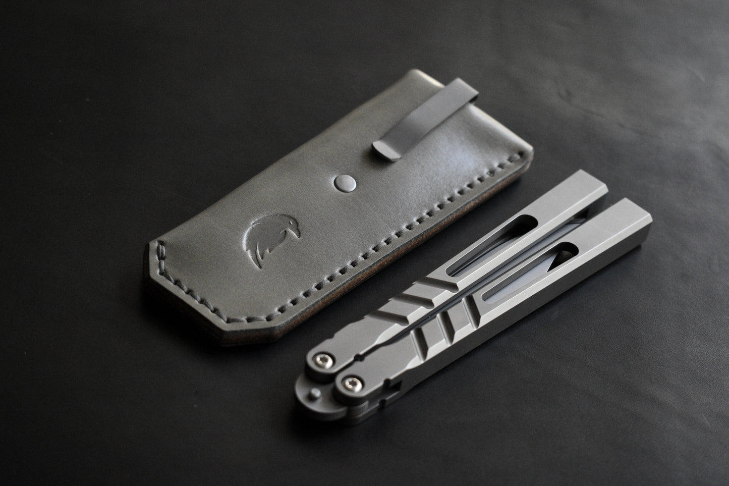 Deep Carry Pocket Sheath for Balisong Knives | Titanium Clip, Gray Leather