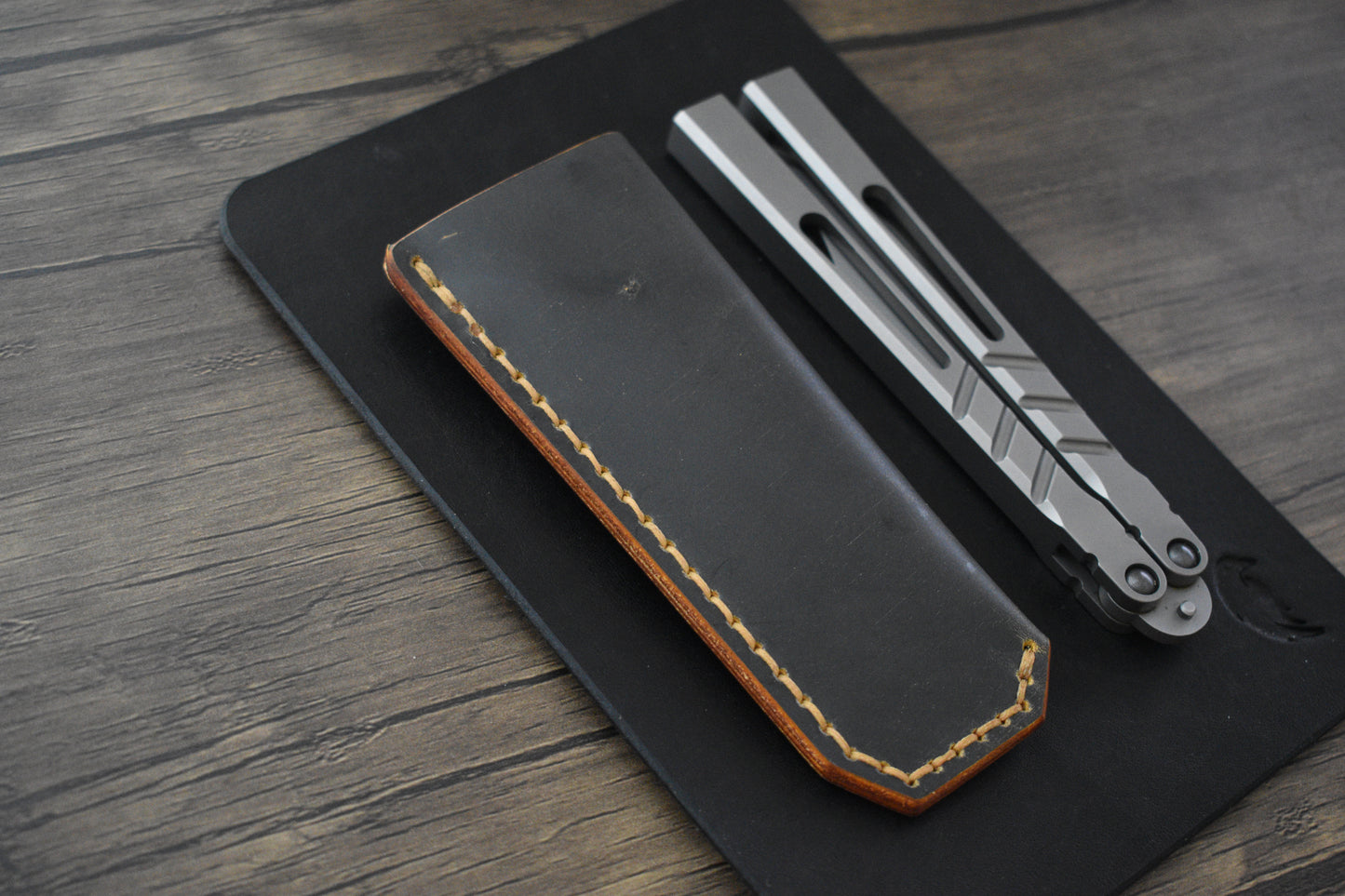 Scratch n' Dent | Deep Carry Pocket Sheath for Balisong Knives | Titanium Clip, Dark Harvest Leather