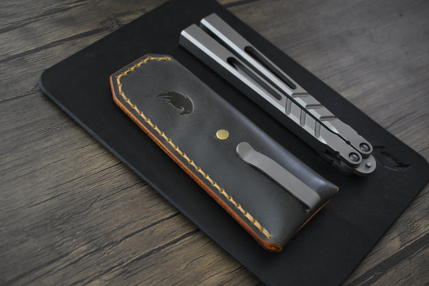 Scratch n' Dent | Deep Carry Pocket Sheath for Balisong Knives | Titanium Clip, Dark Harvest Leather