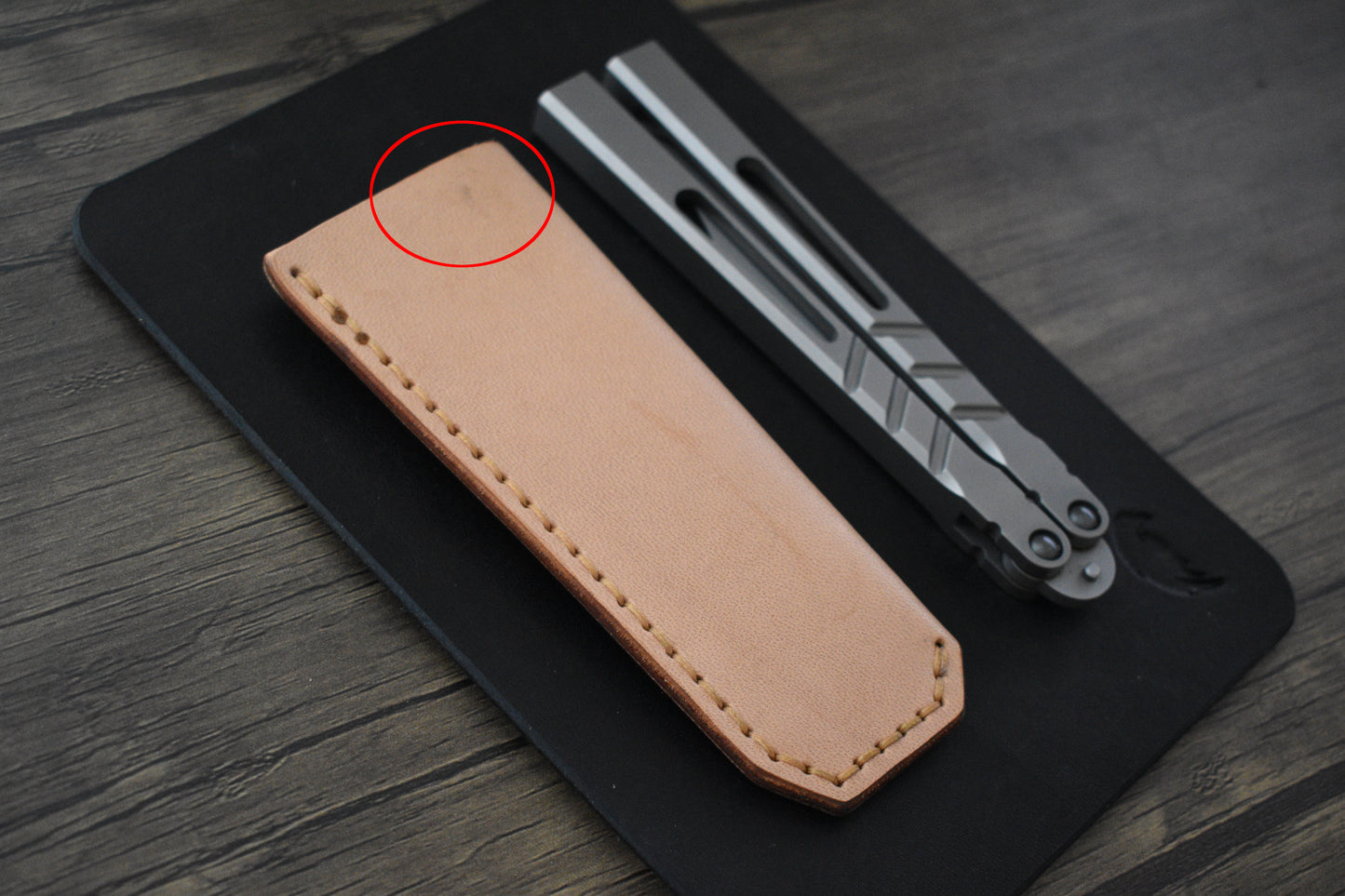 Scratch n' Dent | Deep Carry Pocket Sheath for Balisong Knives | Titanium Clip, Natural Veg Tan