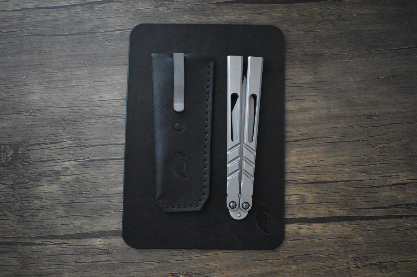 Scratch n' Dent | Deep Carry Pocket Sheath for Balisong Knives | Titanium Clip, Black Leather