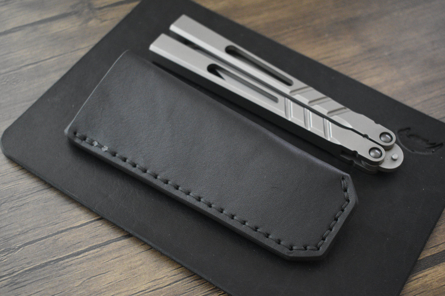 Scratch n' Dent | Deep Carry Pocket Sheath for Balisong Knives | Titanium Clip, Black Leather