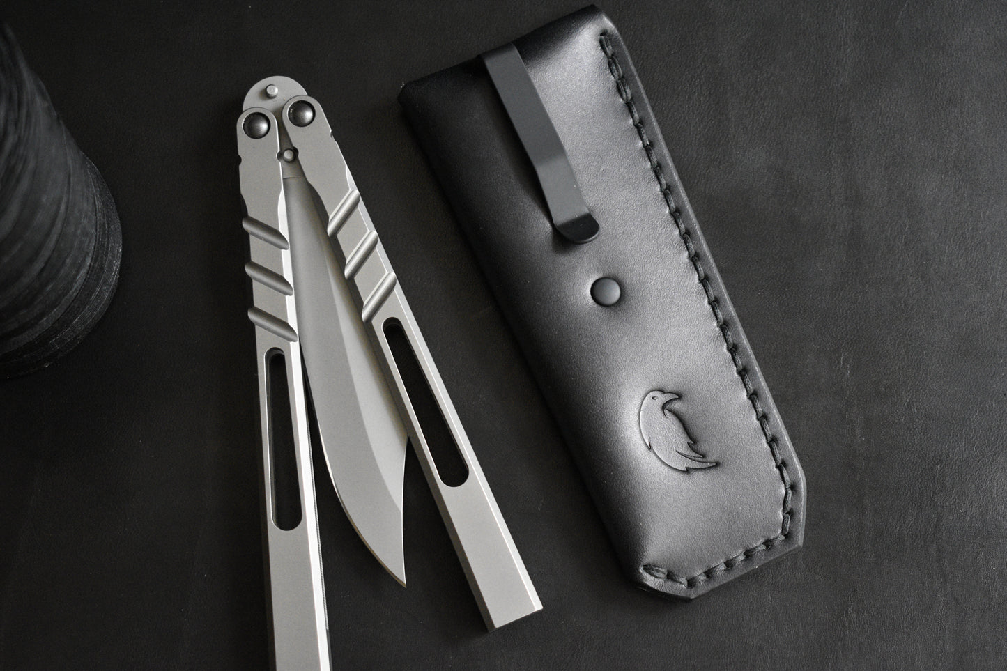 NEW! Deep Carry Pocket Sheath for Balisong Knives | Matte Black PVD Titanium Clip, Black Leather