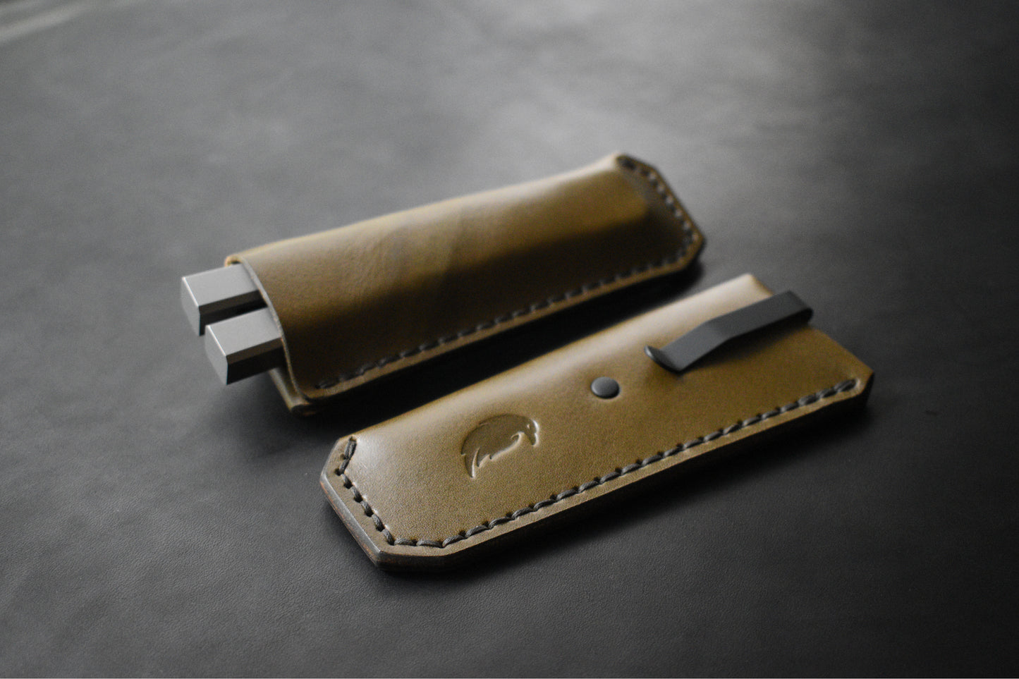 NEW! Deep Carry Pocket Sheath for Balisong Knives | Matte Black PVD Titanium Clip, Olive Leather