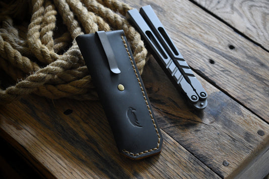 Deep Carry Pocket Sheath for Balisong Knives | Titanium Clip, Dark Harvest Leather