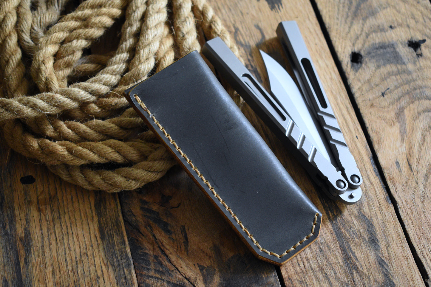 Deep Carry Pocket Sheath for Balisong Knives | Titanium Clip, Dark Harvest Leather