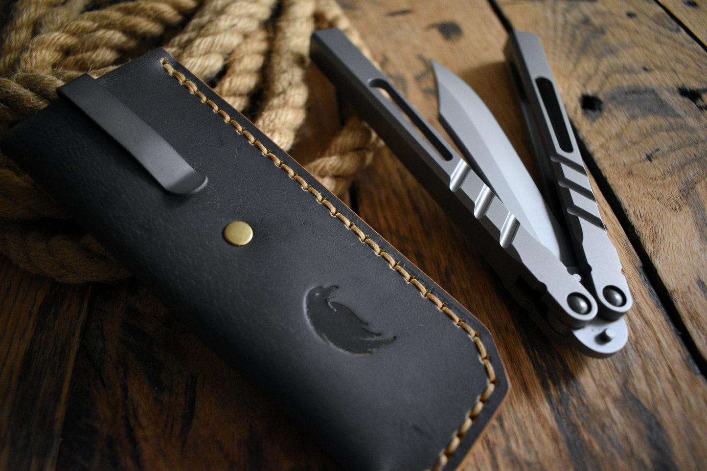 Deep Carry Pocket Sheath for Balisong Knives | Titanium Clip, Dark Harvest Leather