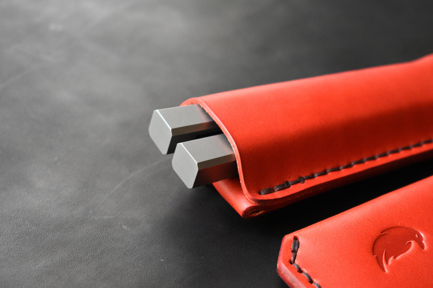 NEW! Deep Carry Pocket Sheath for Balisong Knives | Matte Black PVD Titanium Clip, Red Leather