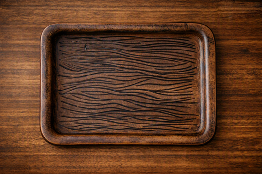 Handmade Full‑Grain Leather EDC Valet Tray | Wet‑Formed Catch‑All (6.25 x 8.75) Wood Grain Style
