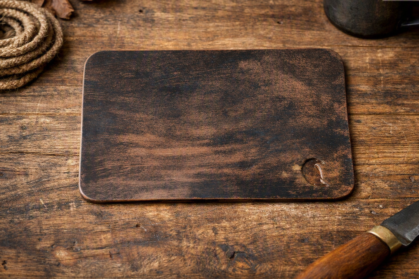 Handmade Full‑Grain Leather EDC Mat | Rustic Antique Veg Tan  4 7/8 x 6 3/4 - No.3