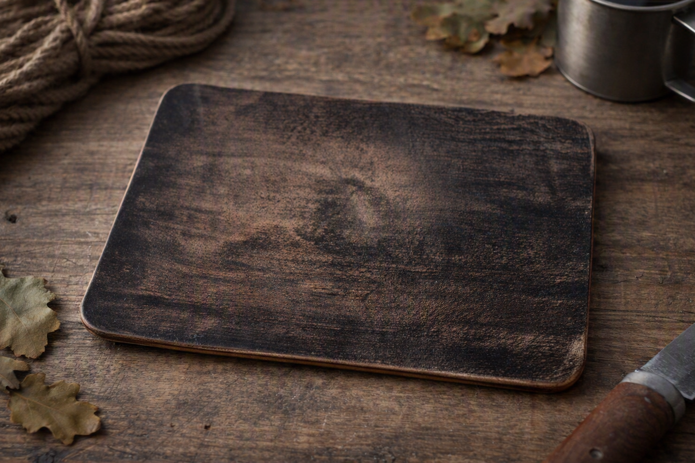 Handmade Full‑Grain Leather EDC Mat | Rustic Antique Veg Tan 8 1/4 x 5 3/4 - No.1