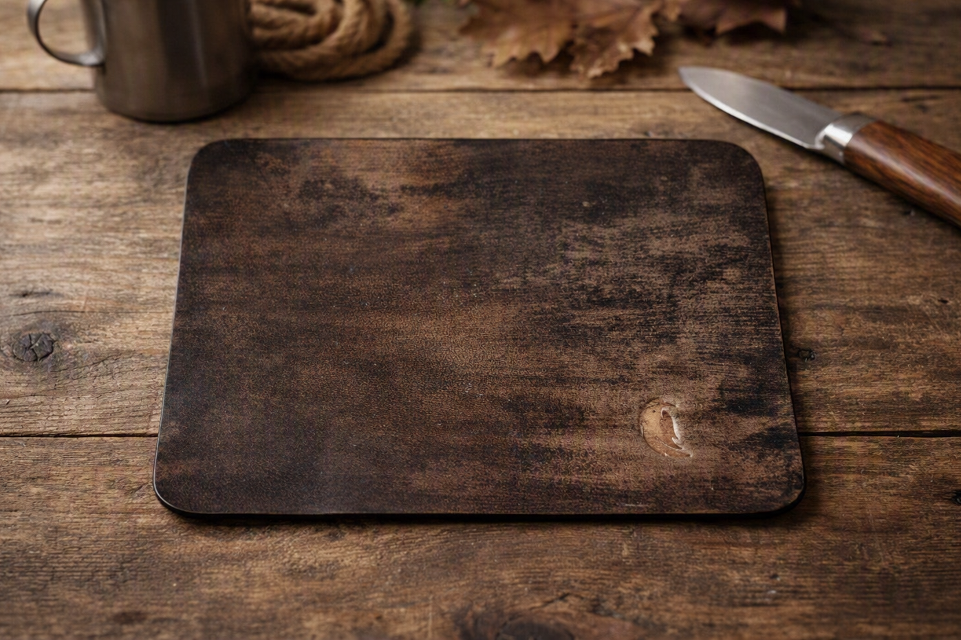 Handmade Full‑Grain Leather EDC Mat | Rustic Antique Veg Tan 8 1/4 x 5 3/4 - No.2