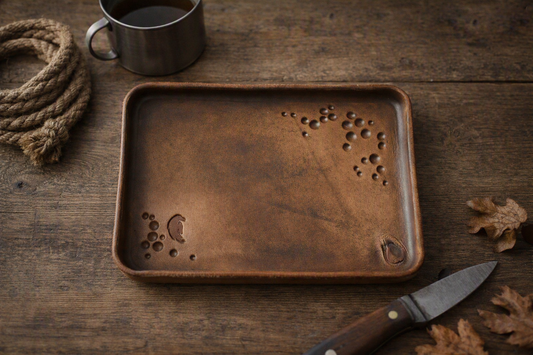 Handmade Full‑Grain Leather EDC Valet Tray | Wet‑Formed Catch‑All (6.25 x 8.75) Craters No.2