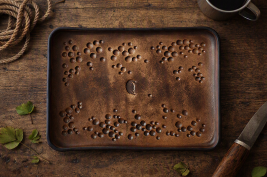A rustic rectangular metal tray with a hammered texture and small circular cutouts, shown on a dark wooden tabletop with a coffee cup, rope, leaves, and a knife nearby.