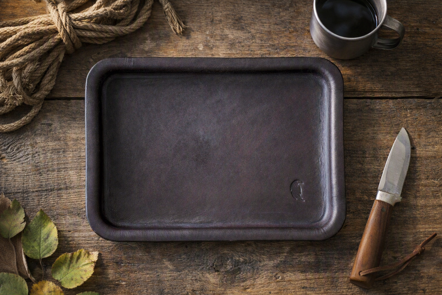 Handmade Full‑Grain Leather EDC Valet Tray | Wet‑Formed Catch‑All (6.25 x 8.75) Deep Burgundy
