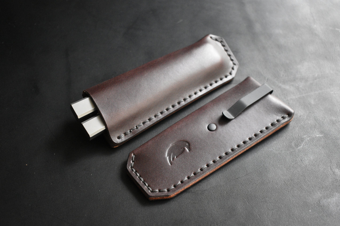 NEW! Deep Carry Pocket Sheath for Balisong Knives | Matte Black PVD Titanium Clip, Dark Chocolate Leather