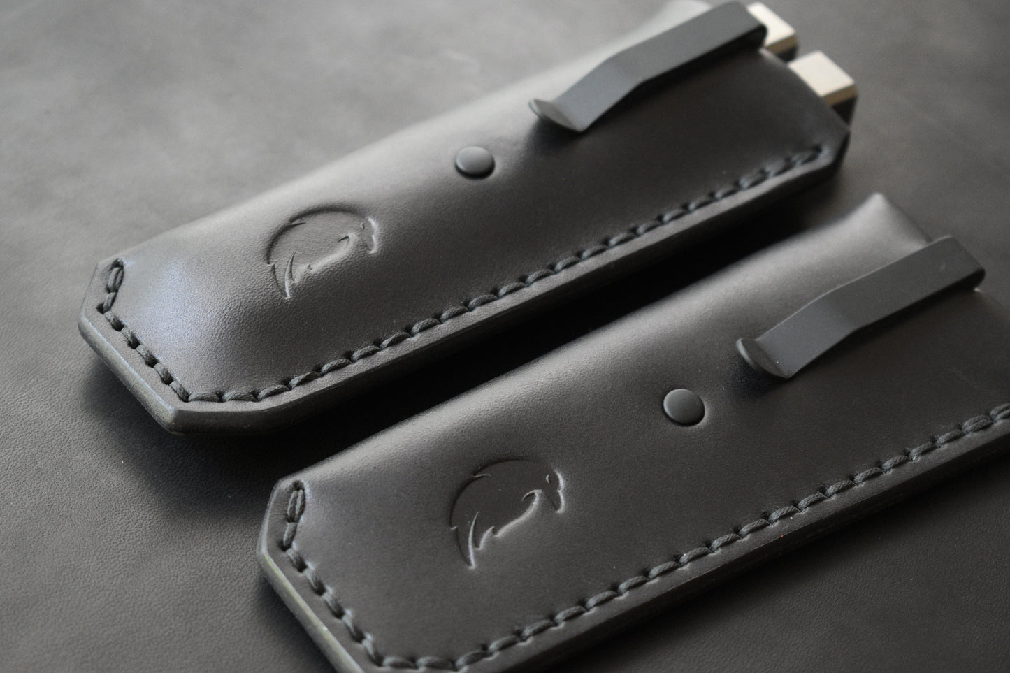 NEW! Deep Carry Pocket Sheath for Balisong Knives | Matte Black PVD Titanium Clip, Black Leather