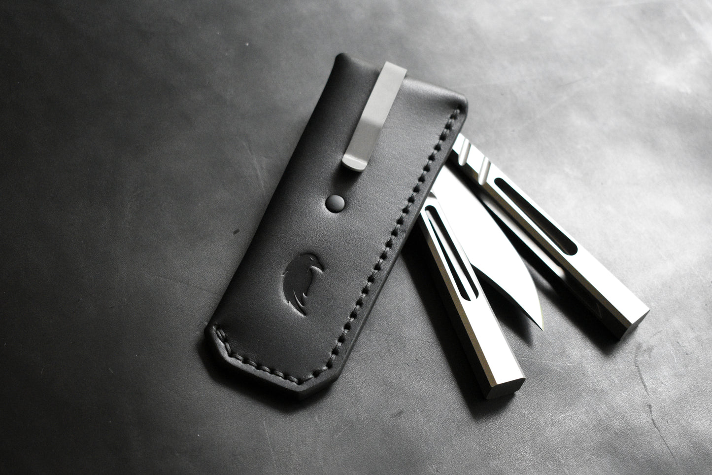 Deep Carry Pocket Sheath for Balisong Knives | Titanium Clip, Black Leather