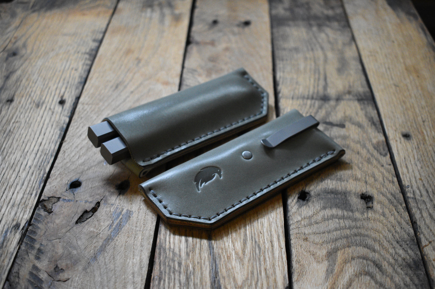 Deep Carry Pocket Sheath for Balisong Knives | Titanium Clip, Gray Leather