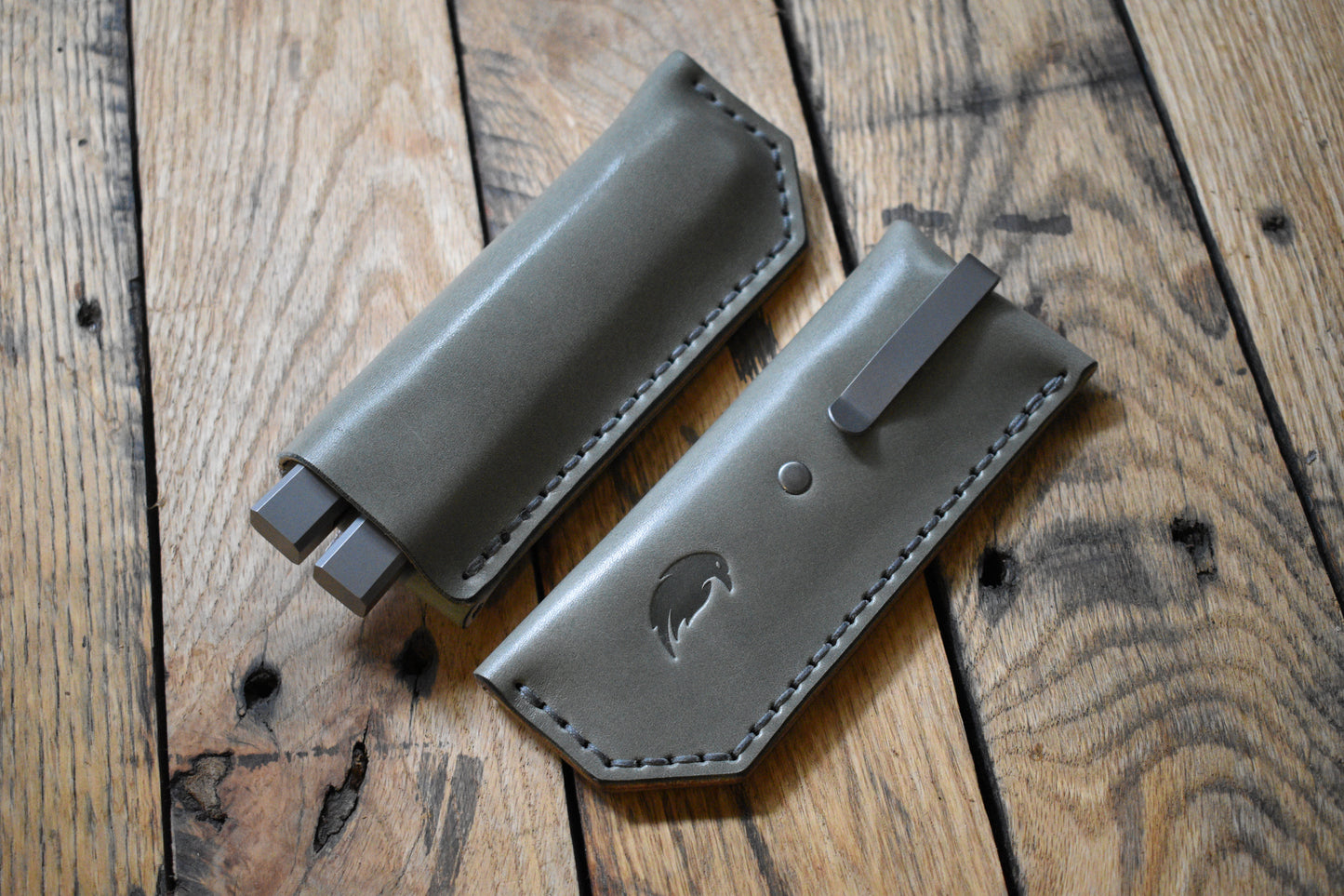 Deep Carry Pocket Sheath for Balisong Knives | Titanium Clip, Gray Leather