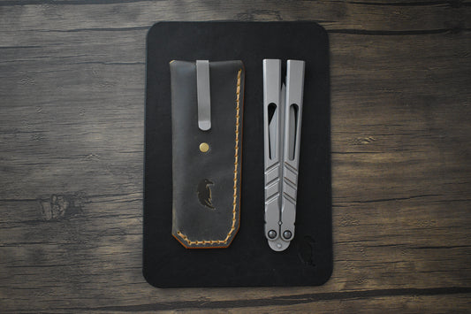 Scratch n' Dent | Deep Carry Pocket Sheath for Balisong Knives | Titanium Clip, Dark Harvest Leather