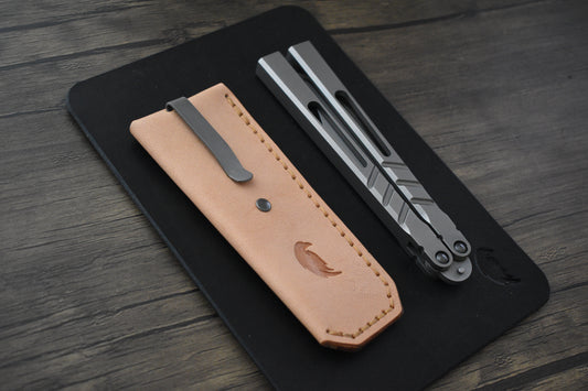 Scratch n' Dent | Deep Carry Pocket Sheath for Balisong Knives | Titanium Clip, Natural Veg Tan