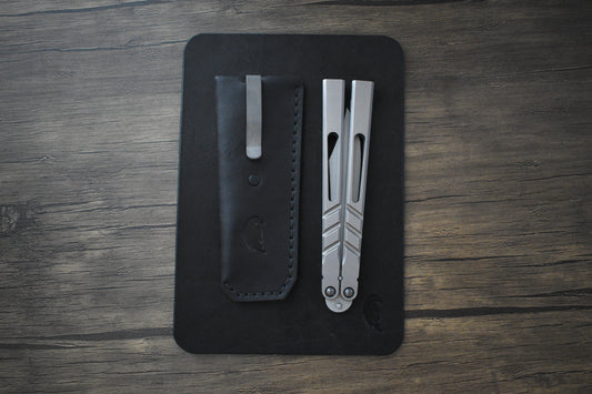 Scratch n' Dent | Deep Carry Pocket Sheath for Balisong Knives | Titanium Clip, Black Leather