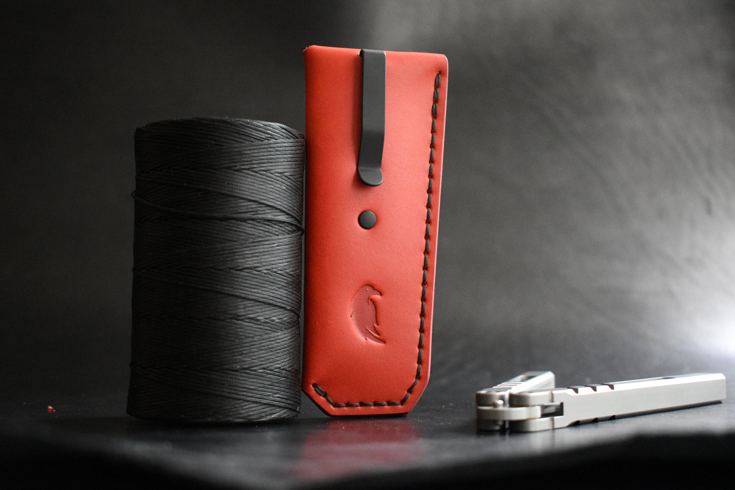 NEW! Deep Carry Pocket Sheath for Balisong Knives | Matte Black PVD Titanium Clip, Red Leather