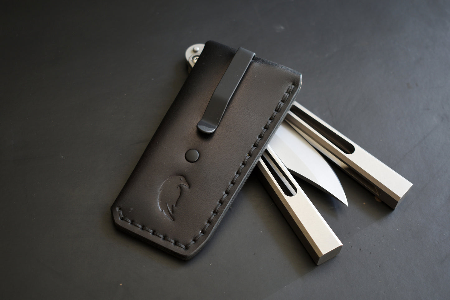 B1 Compact | Deep Carry Pocket Sheath for Balisong Knives "Short" | PVD Titanium Clip, Black Leather