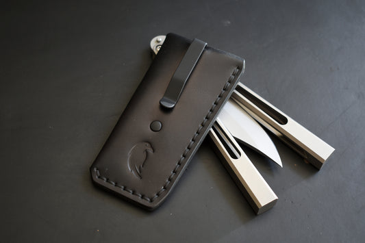 B1 Compact | Deep Carry Pocket Sheath for Balisong Knives "Short" | PVD Titanium Clip, Black Leather