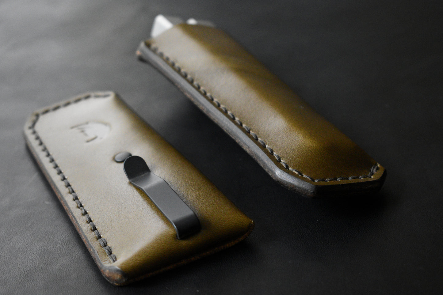 NEW! Deep Carry Pocket Sheath for Balisong Knives | Matte Black PVD Titanium Clip, Olive Leather