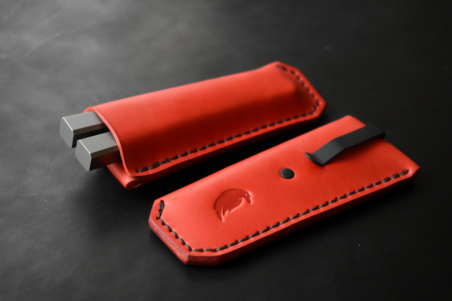 NEW! Deep Carry Pocket Sheath for Balisong Knives | Matte Black PVD Titanium Clip, Red Leather
