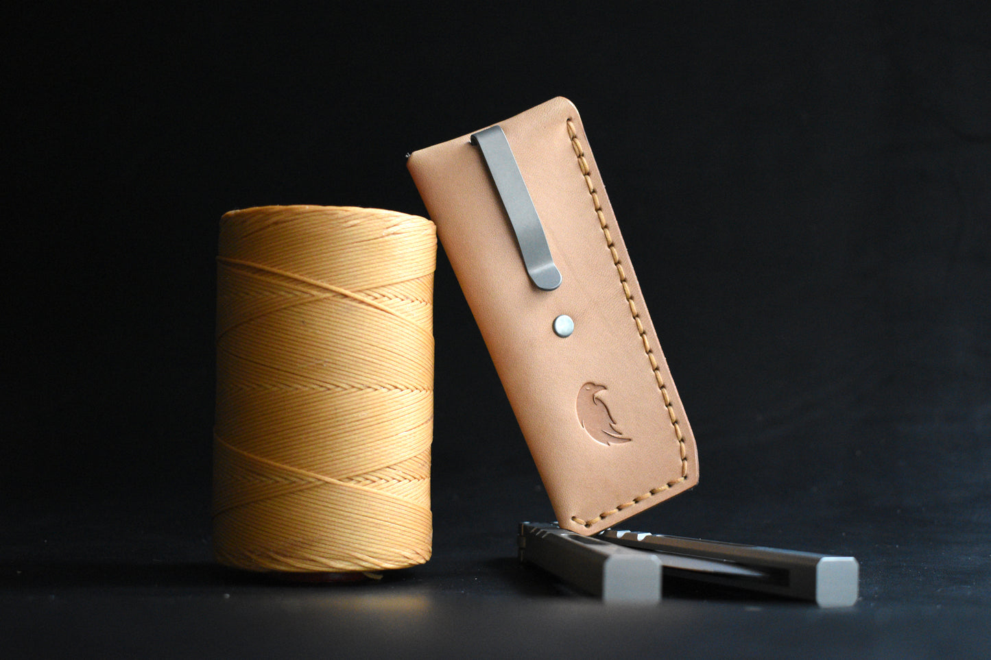 NEW! Deep Carry Pocket Sheath for Balisong Knives "Short" | Blasted Titanium Clip, Natural Undyed Leather