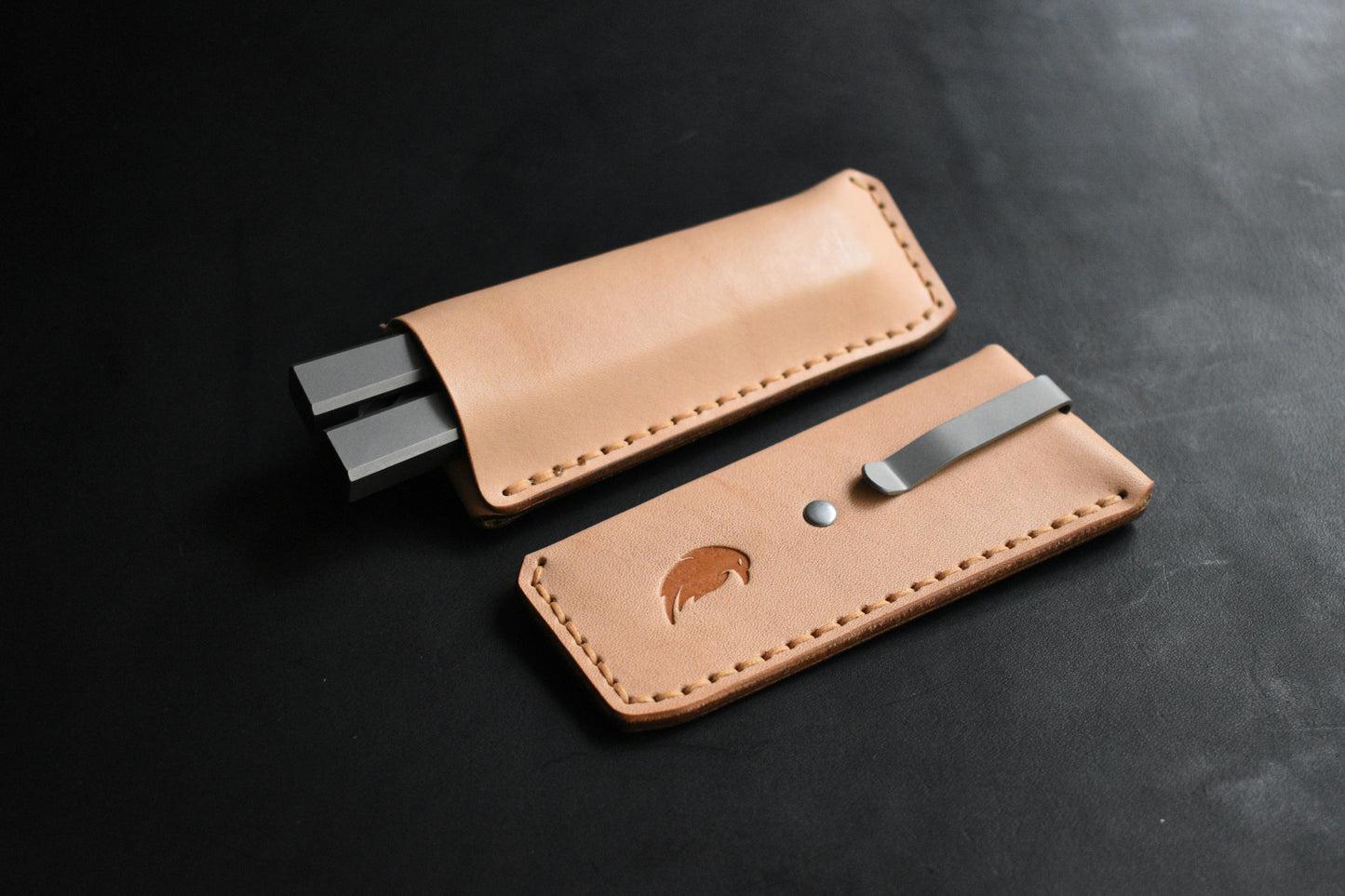 NEW! Deep Carry Pocket Sheath for Balisong Knives "Short" | Blasted Titanium Clip, Natural Undyed Leather