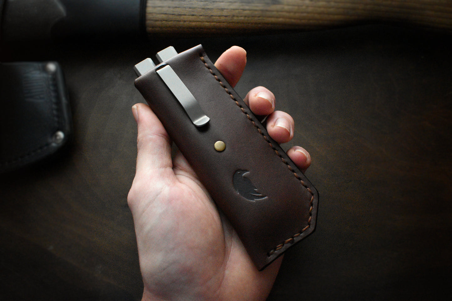 Deep Carry Pocket Sheath for Balisong Knives | Titanium Clip, Brandywine Leather