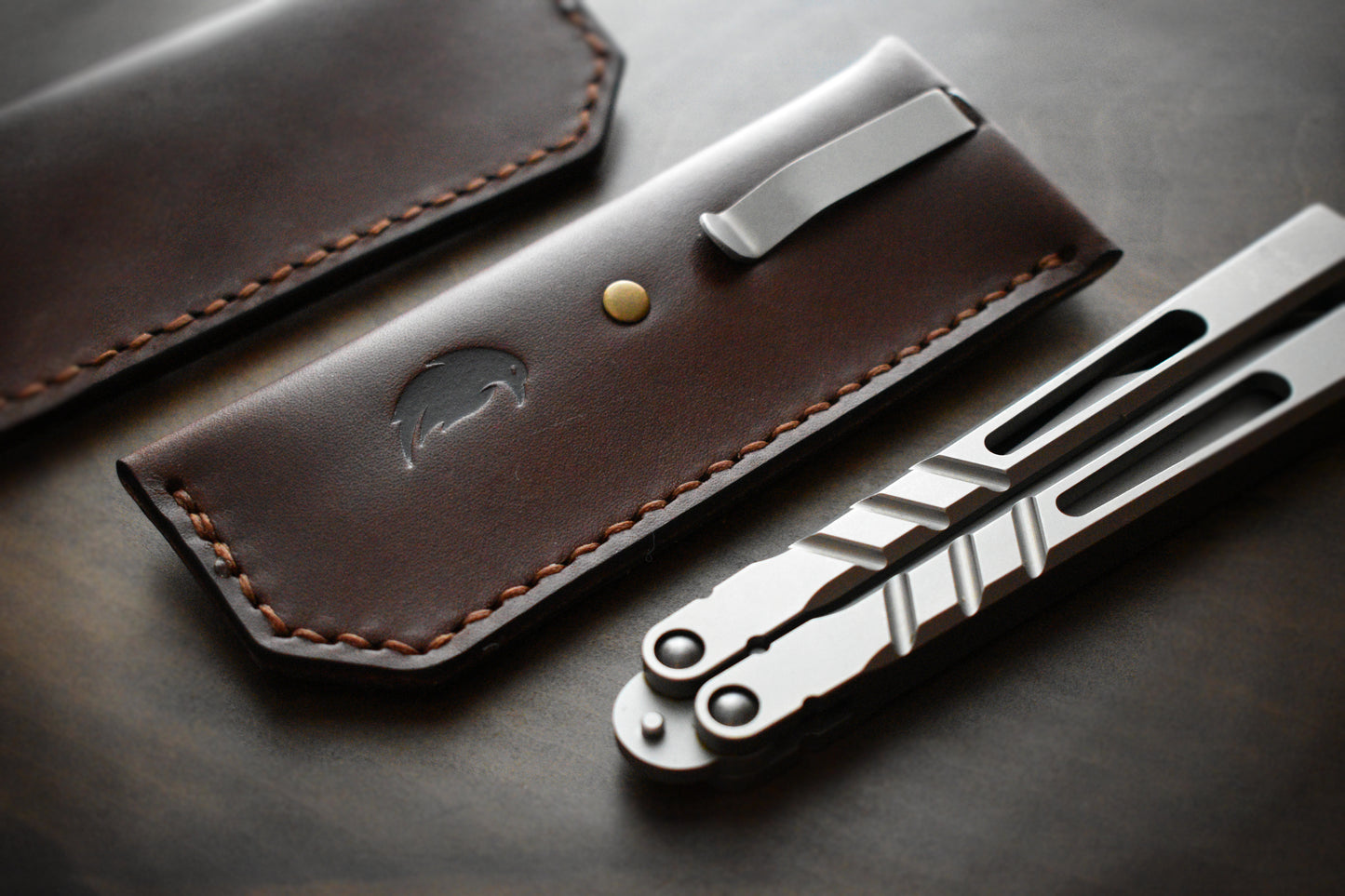 Deep Carry Pocket Sheath for Balisong Knives | Titanium Clip, Brandywine Leather