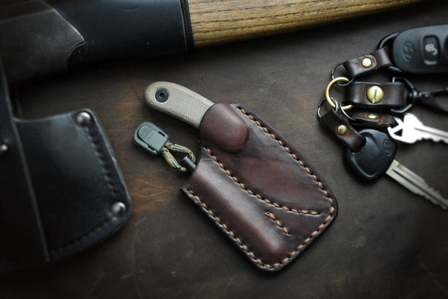 Bushcrafter's EDC | Full Grain Leather Pocket Sheath for Esee Candiru and Ferro Rod