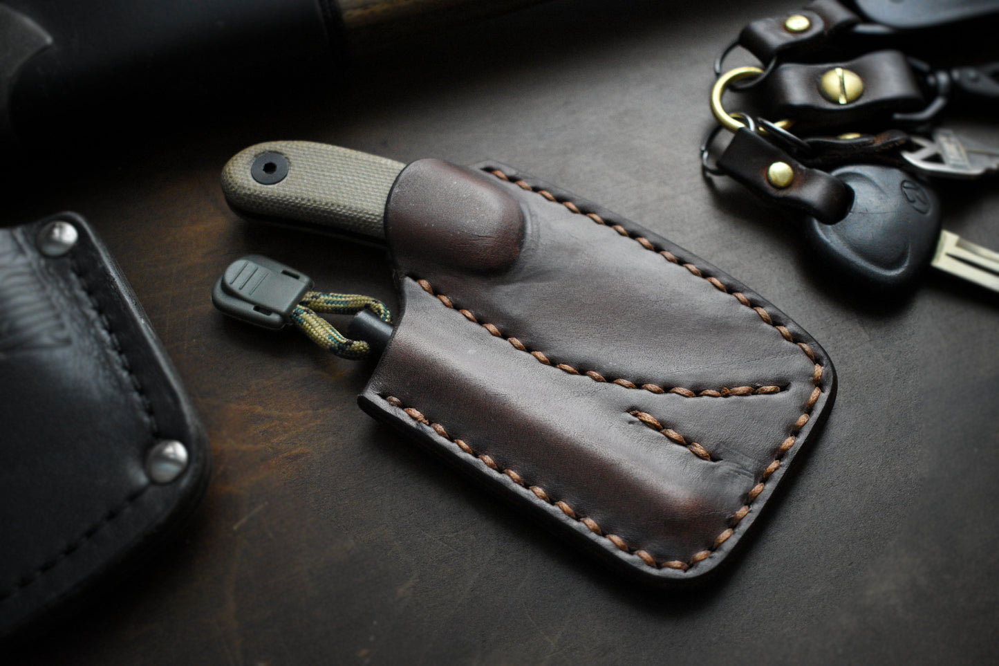 Bushcrafter's EDC | Full Grain Leather Pocket Sheath for Esee Candiru and Ferro Rod