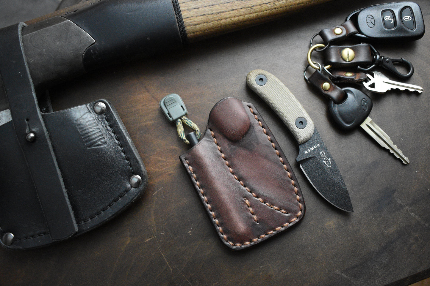 Bushcrafter's EDC | Full Grain Leather Pocket Sheath for Esee Candiru and Ferro Rod