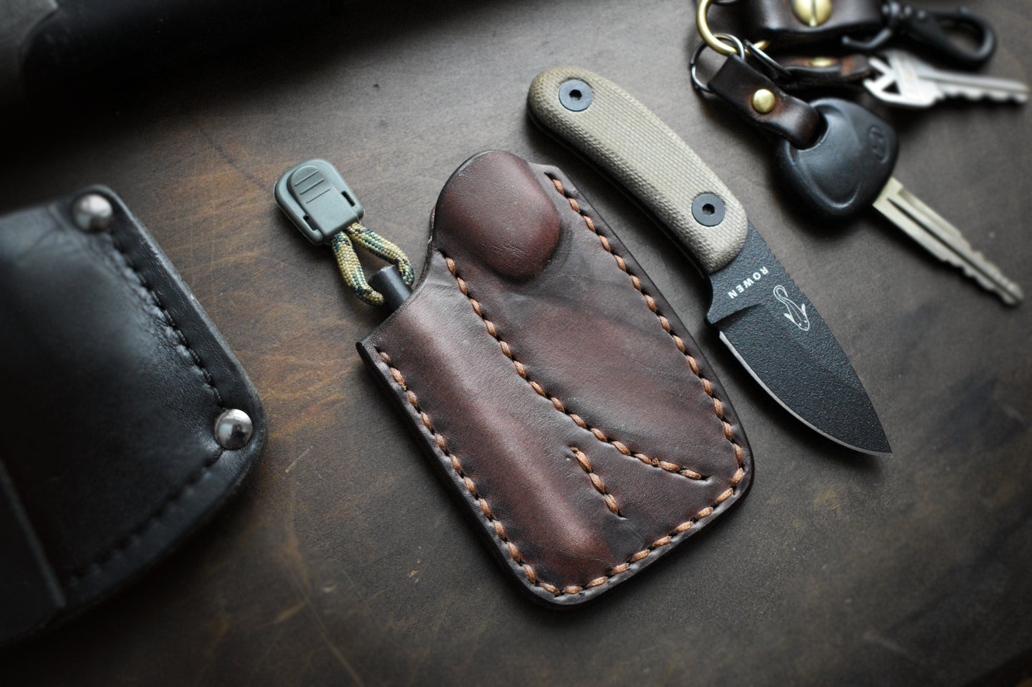 Bushcrafter's EDC | Full Grain Leather Pocket Sheath for Esee Candiru and Ferro Rod