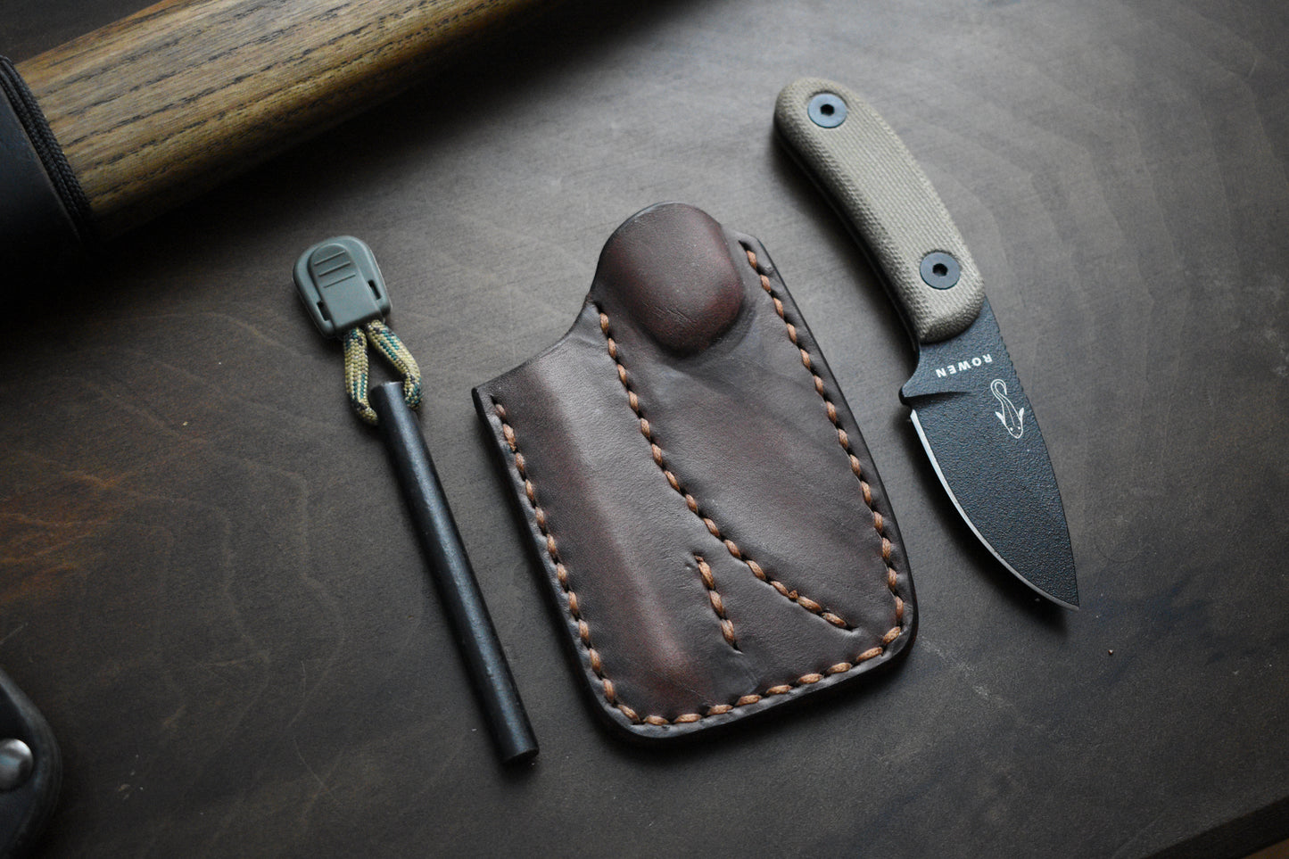 Bushcrafter's EDC | Full Grain Leather Pocket Sheath for Esee Candiru and Ferro Rod